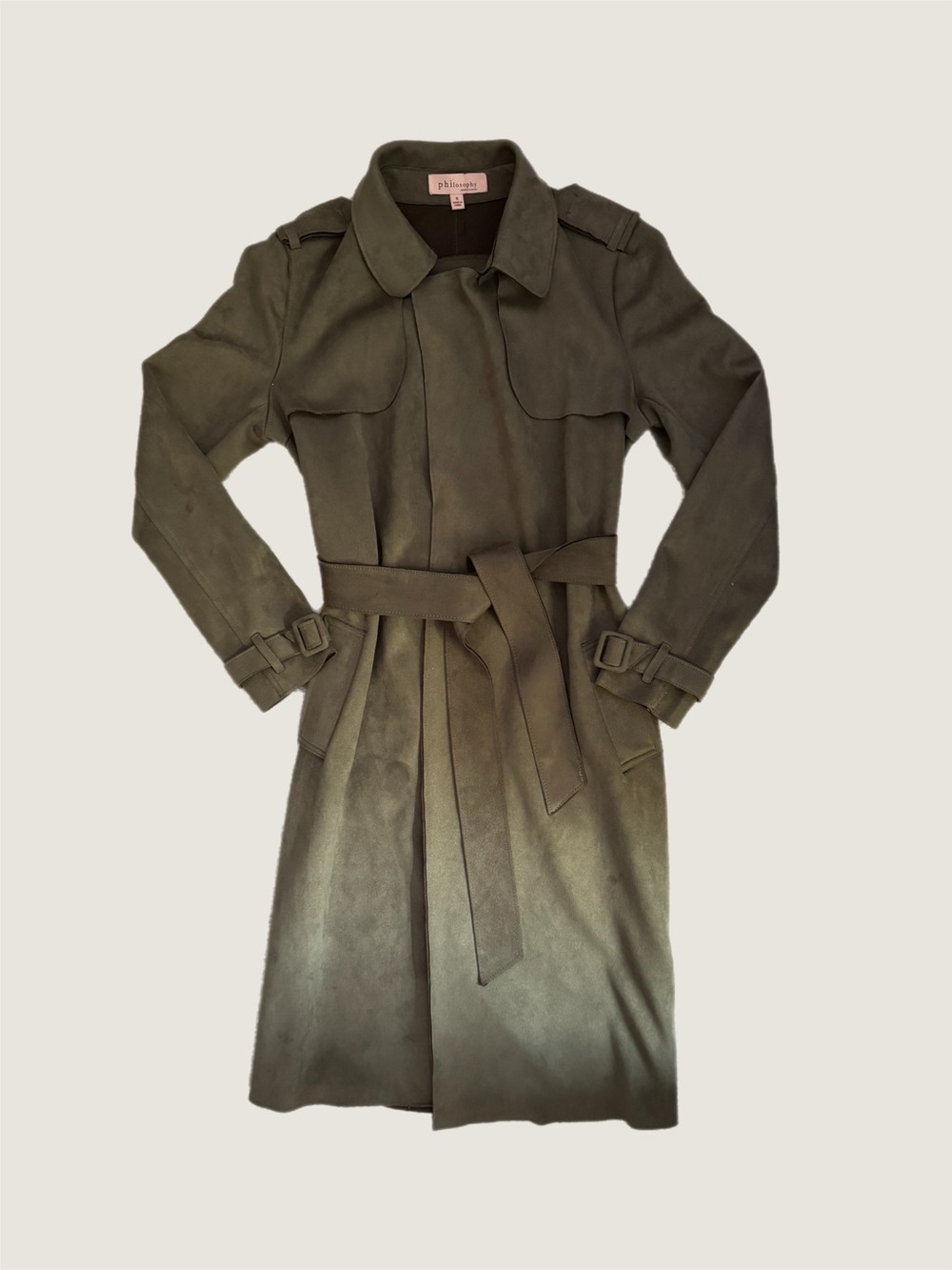 NWOT Philosophy Faux Microsuede Trench Coat in Olive Green Size Small - Picture 2 of 4